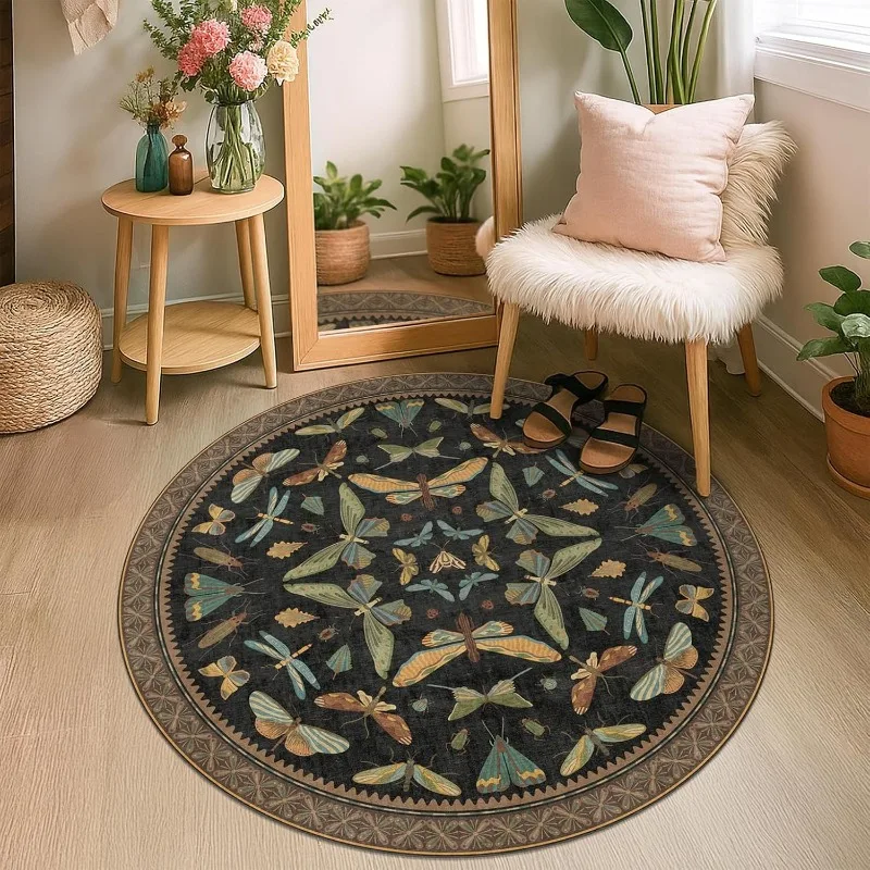Vintage Insect Print Round Rug Butterfly Moth Dragonfly Pattern Black Non-Slip Carpet Home Decor Mat for Living Room Bedroom
