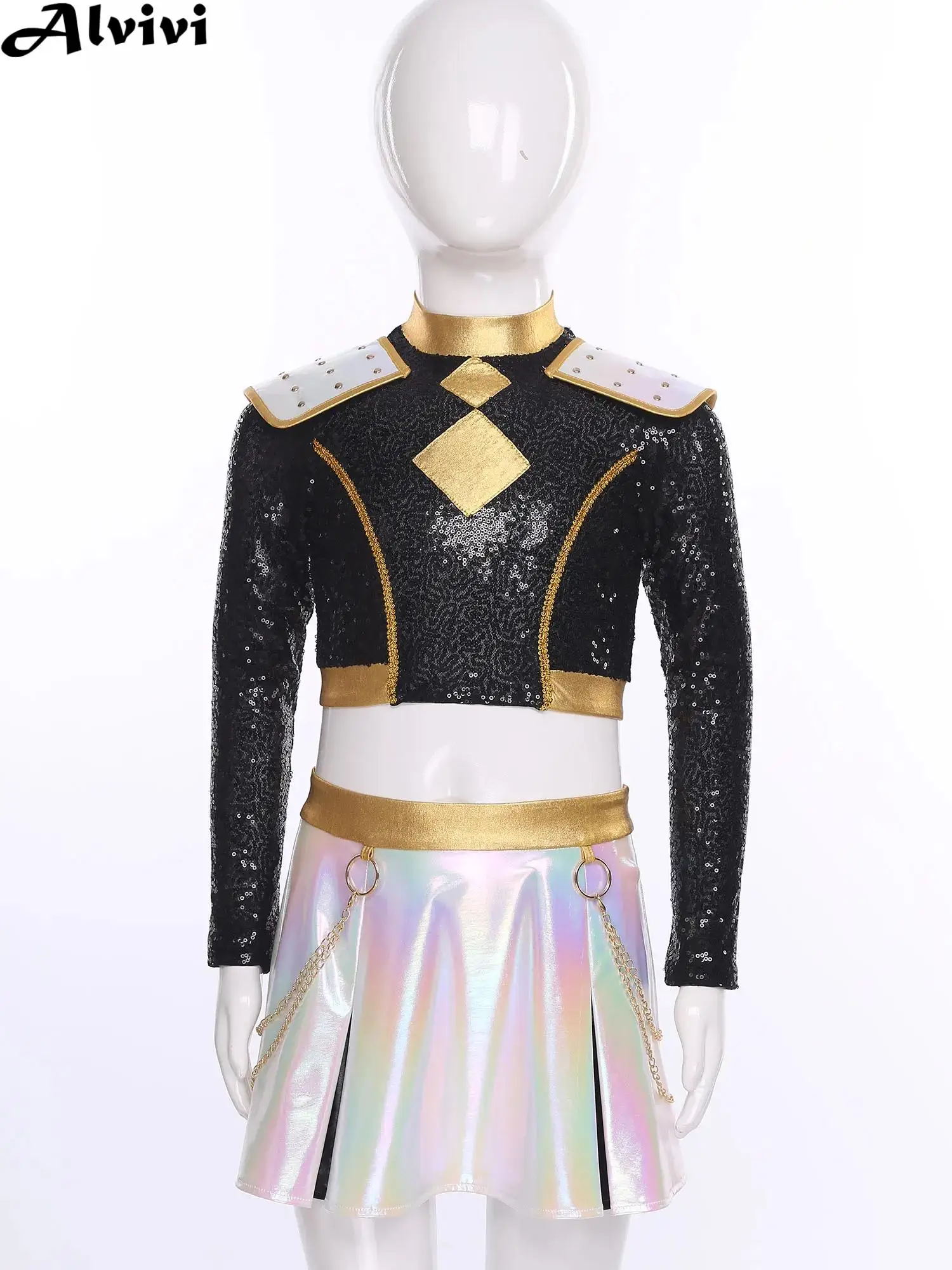 

Детский костюм для джазовых танцев в стиле хип-хоп для девочек, костюм для косплея «Охотники за дьяволом», укороченный топ с длинными рукавами и блестками на Хэллоуин, укороченный топ с юбкой