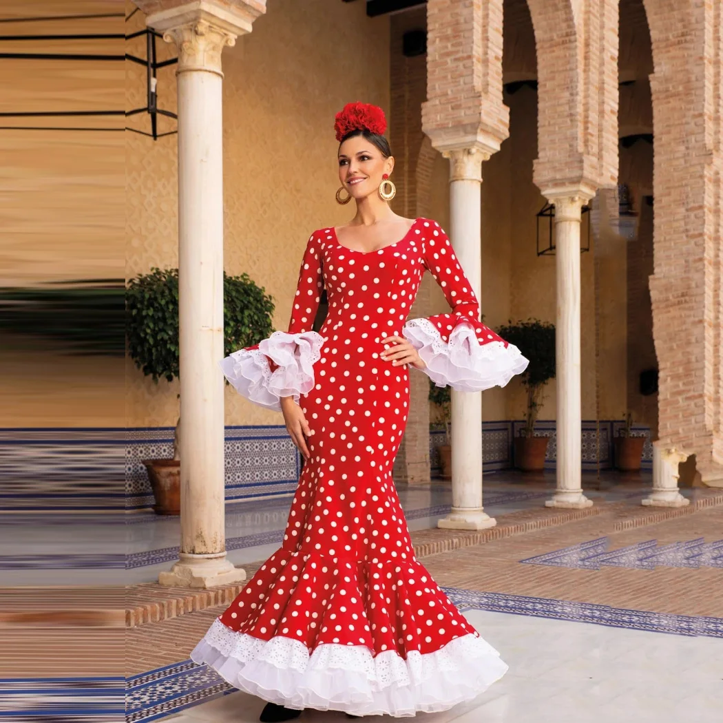 Luxo renda organza vestido feminino feito sob encomenda vestidos de flamenco vermelho branco ponto padrão mangas alargamento vestidos de baile em camadas