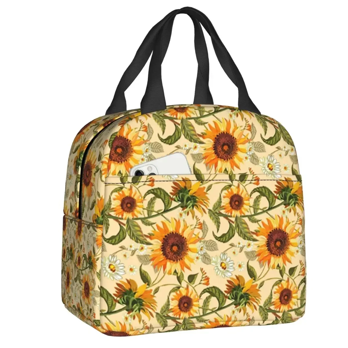 

70s Vintage Golden Sunflowers Insulated Lunch Bag Women Retro Flower Pattern Lunch Container for Outdoor Camping Travel Food Box