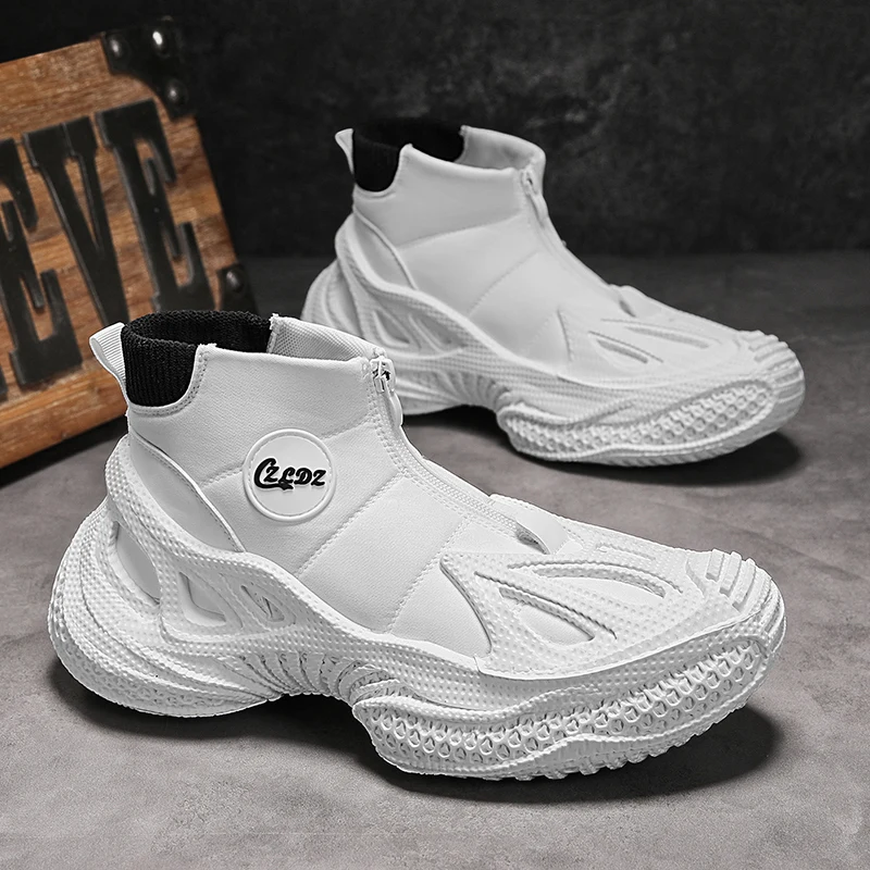 

Classic White Men's Ankle Boots Fashion Zip Work Boots for Men Outdoor Platform Mecha Shoes Men High Top Shoes chaussure hommes