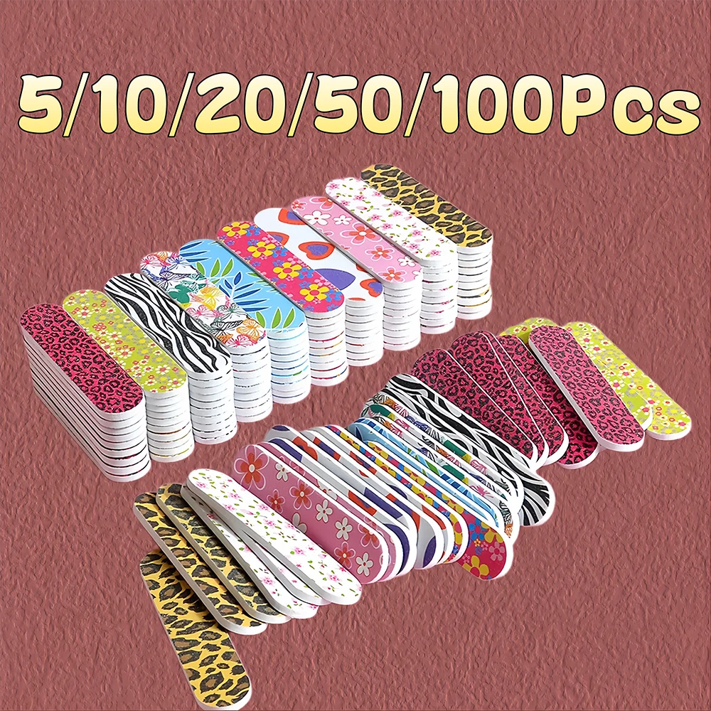5-100Pcs EVA Sponge Nail File, 9cm Mini Double Sided Printed Nail Buffer for Manicure Pedicure Nail Polishing Care Tools
