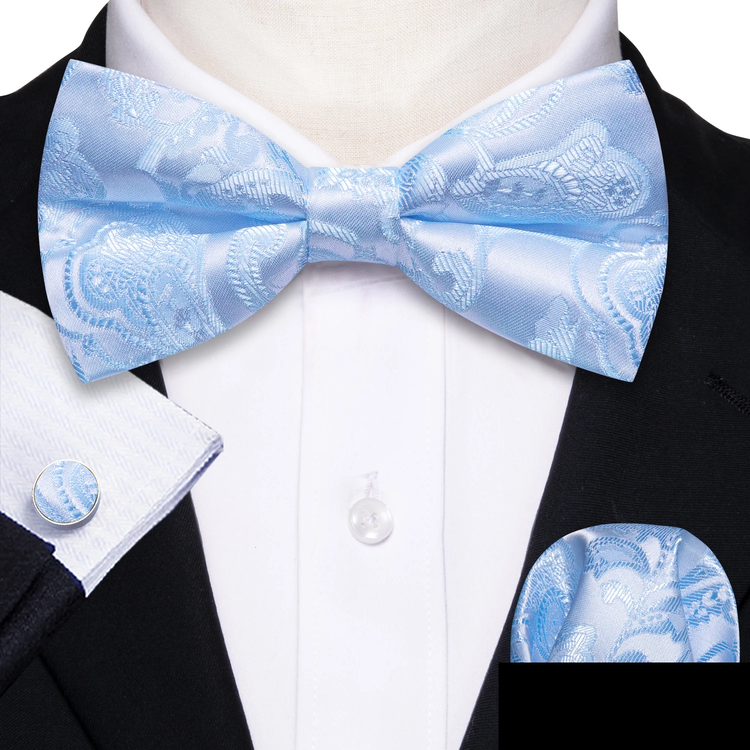 

Barry.Wang Classic Sky Blue Silk Mens Bow Tie Jacquard Paisley Floral Pre-Tied Bowtie Hanky Cufflinks Set Male Wedding Business