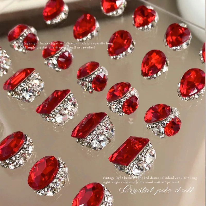 5pcs New Year Red Nail Diamond Boutique Multi Cut Handmade Crystal Pointed Bottom Nail Jewelry Sparkling Diamond Accessories