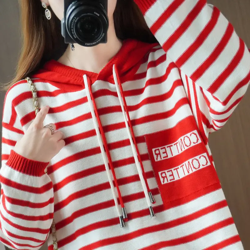 2023 Autumn and Winter Women\'s New Hooded Knit Sweater Sweater Loose Striped Versatile Comfortable Western Bottom Hat Top