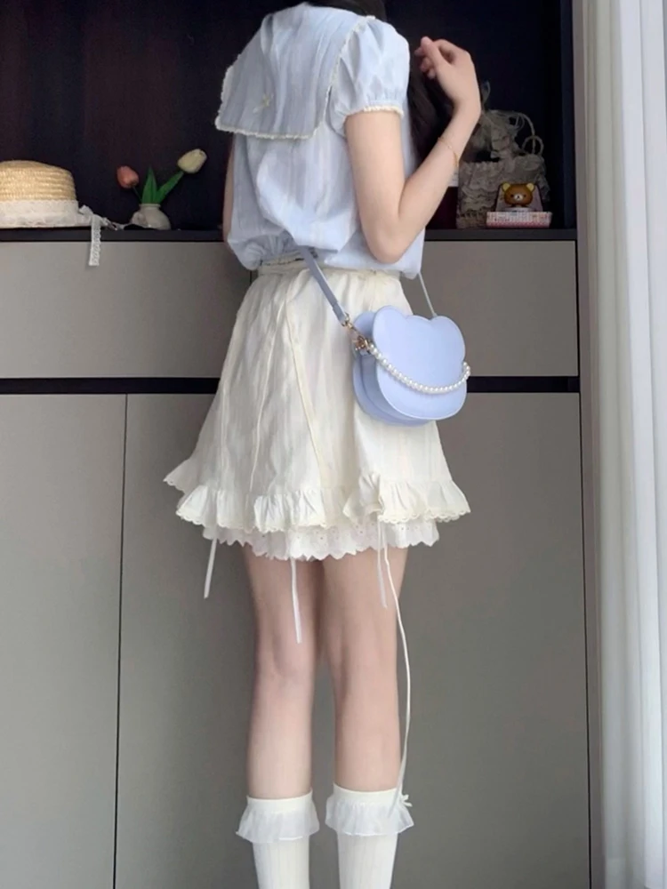 Bleu ort Sve irt Dr Femmes Été Nouveau sentiment haut de gamme Clete Ensemble jupe ort Coréenne Sle Taille haute Polyester...