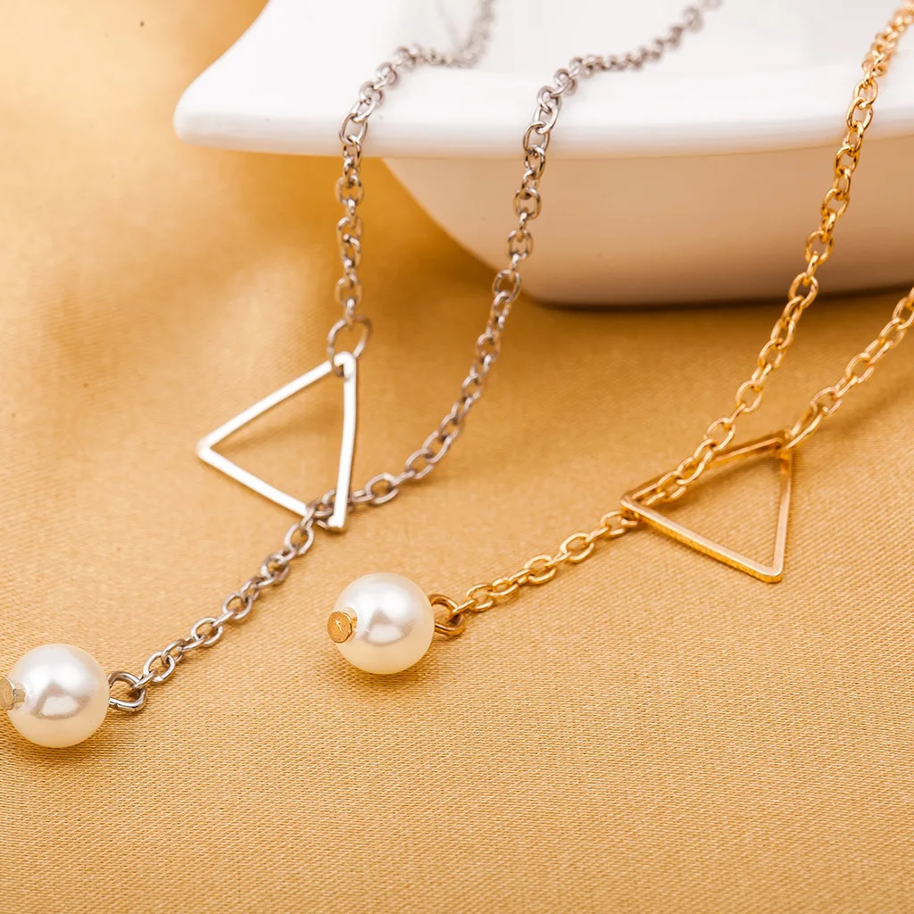 Simple Punk Delicacy Accessories Hollow Out Triangle Pearl Pendant Tassels Necklace Party Jewelry For Women Gifts