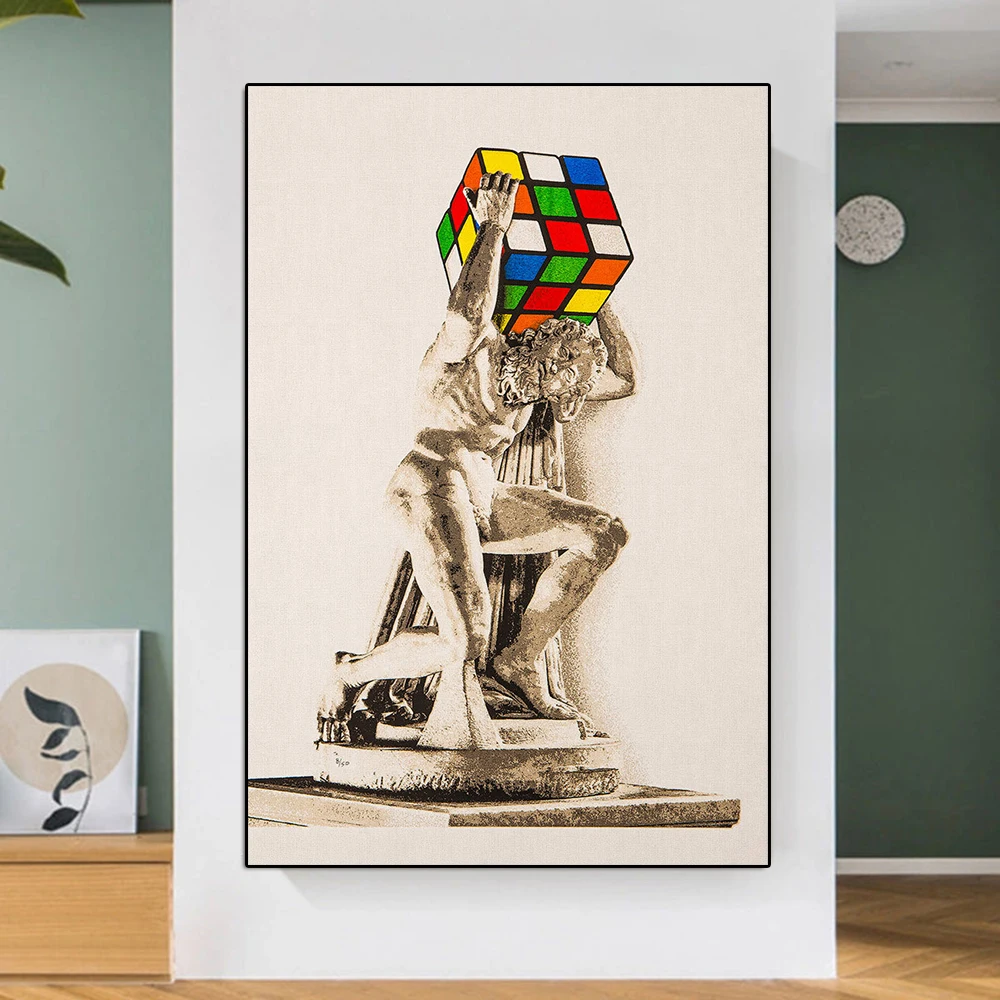 

Banksy Style Rubik's Cube Head Graffiti Canvas Painting Abstract David Sculpture Poster Nordic Simple Wall Art Room Home Decor