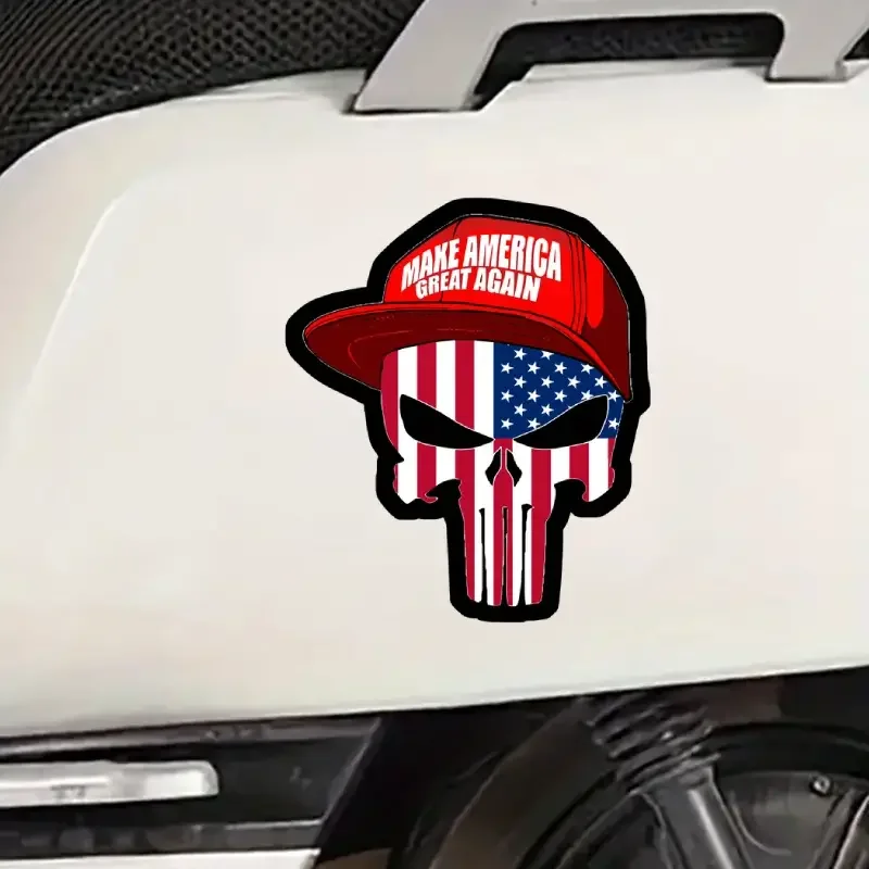 1pc PVC Waterproof Cartoon Punisher Skull Decal with Make America Great Again Hat, Trump-Inspired Sticker for Laptops, Cars, Hel