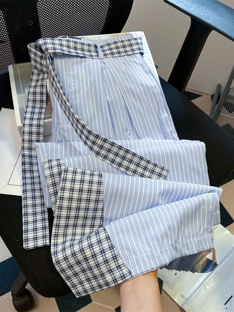 Jmprs سروال مخطط مرقع للنساء حزام كوري عالي الخصر بنطلون مستقيم غير رسمي فضفاض أنيق أنثى موضة بنطال ذو قصة أرجل واسعة #3