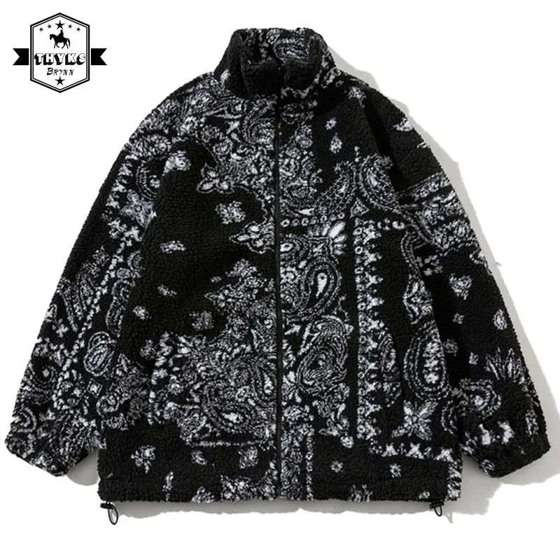 

Winter Fleece Jacket Men Zipper Fuzzy Cardigan Casual Bandanna Jackets Loose Lamb Cashmere Women Paisley Polar Jacket Coat Y2k