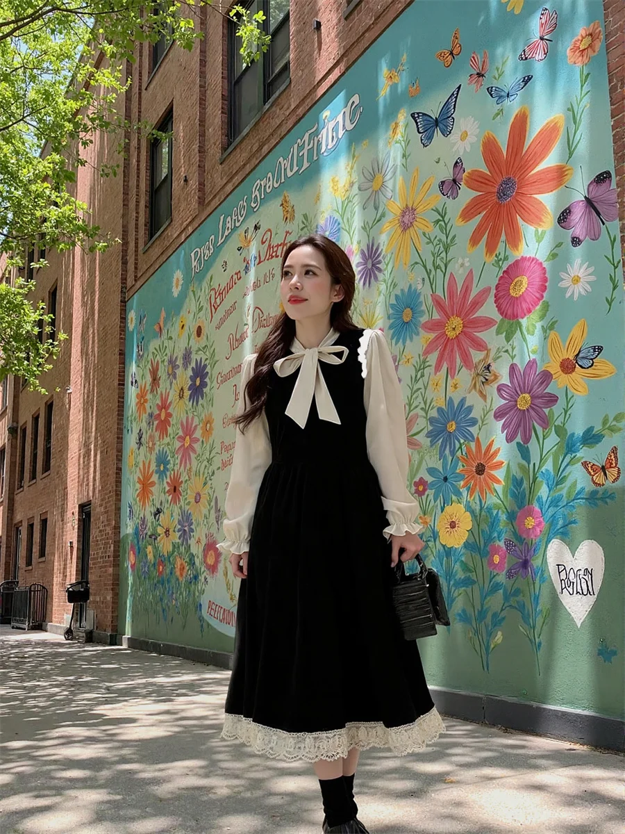 여성용 블랙 드레스 여성 긴 소매 레귤러 핏 프레피 스타일 가을 봄 린넨 컷아웃 반소매 폼핏 비대칭