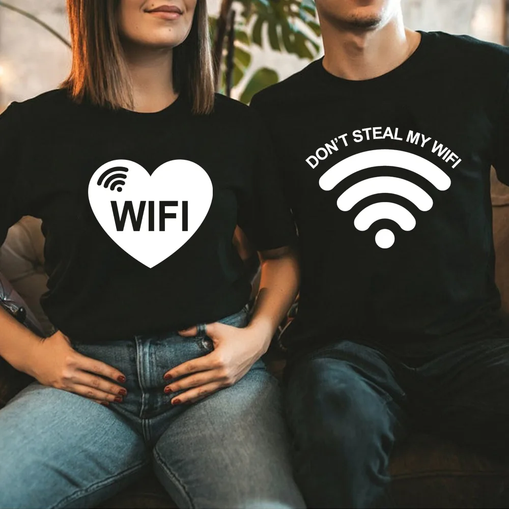 DON‘T STEAL MY WIFI Heart Print LoversT Shirt Couple Short Sleeve O Neck Loose Tshirt Women Man Tee Shirt Tops Camisetas Mujer