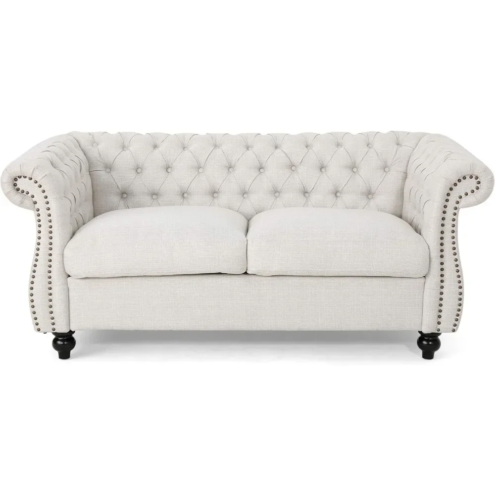 

【62" Modern Tufted】Loveseat with Scrolled Arms – Nailhead Trim & Wood Legs, 2-Seater for Living Room & Apartment