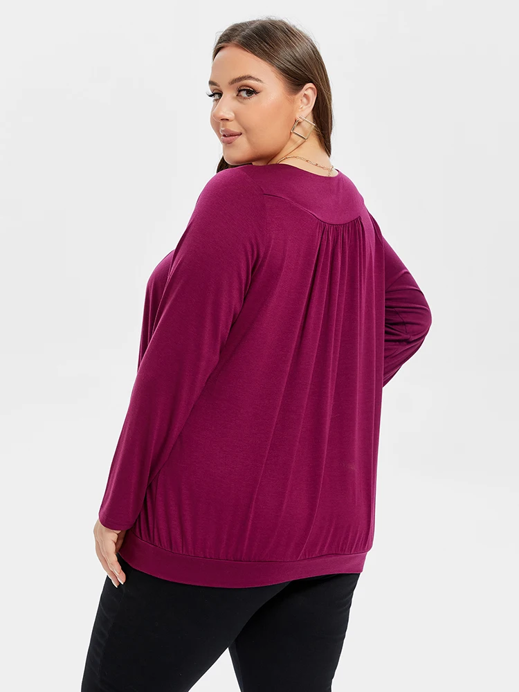 Plus Sized Clothing Long Sleeve Slim T-Shirts Solid Tops Plus Size Purple V-Neck Regular Sleeve Ruched Tee Causal Solid Tops