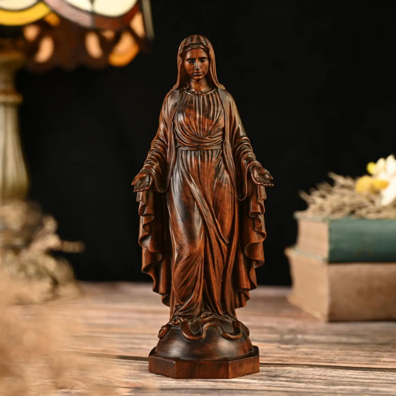 Virgin Mary Figurine Carving Wooden Sculpture for Office Indoor Countertop