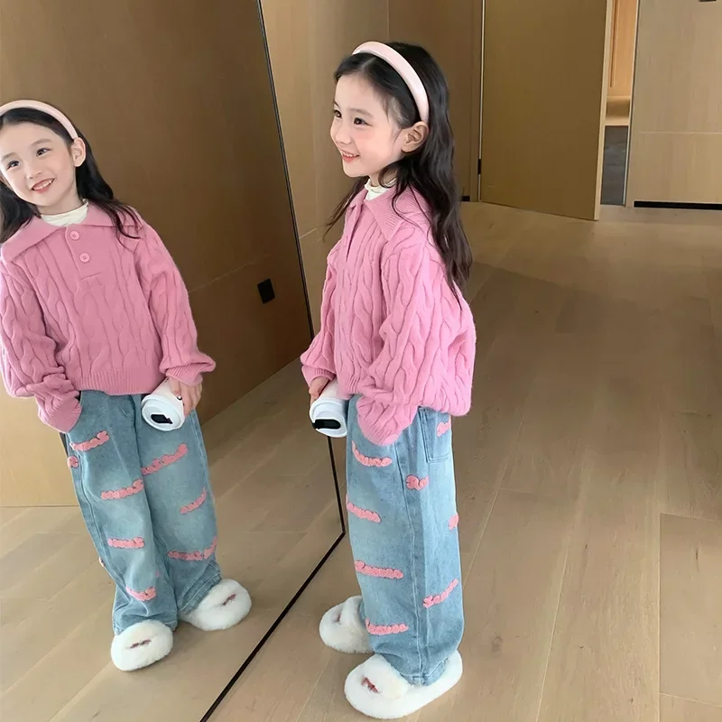 

Kids Girls Pullover Sweater Korean New Woolen Toddler Girls Children's Knitwear Jeans Outfit Set