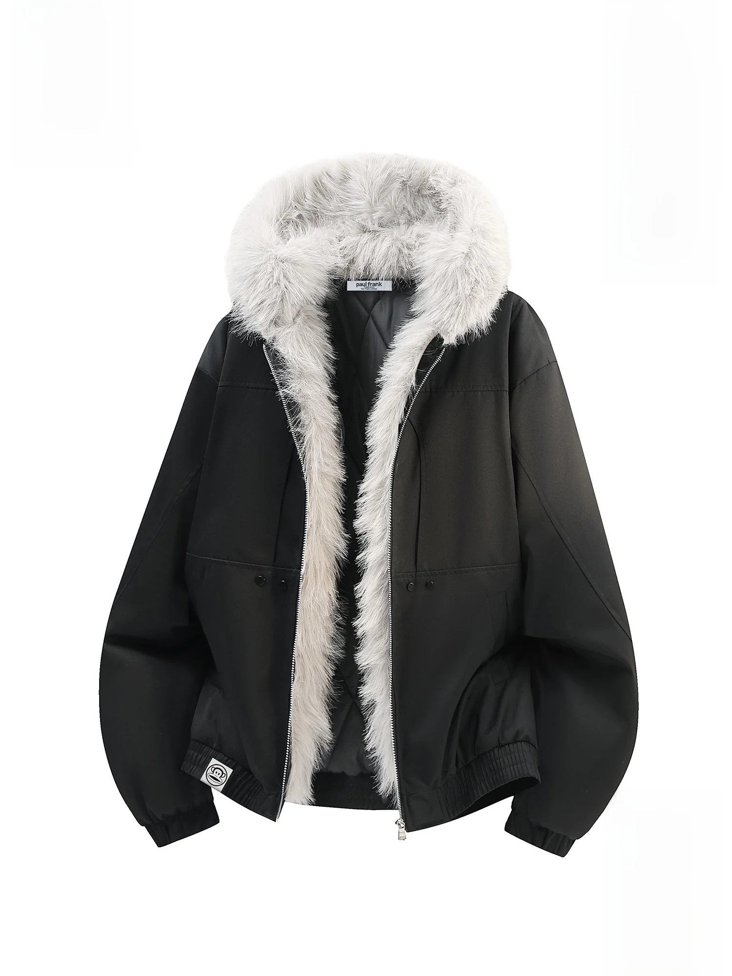 

Зимняя куртка Paul Frank: утепленная, повседневная, свободного кроя, с меховым воротником, молодежная, модная, из полиэстера, с длинными рукавами, на молнии