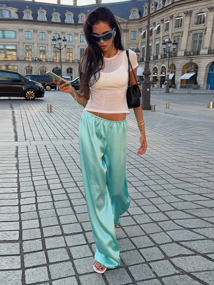 Herbst Damen Mintgrüner Satin 2-Teiliger Anzug Stehkragen Reißverschluss Vorne Lose Langarm-Bluse Weite Hose Urlaubs-Matching-Anzug – Detail 21