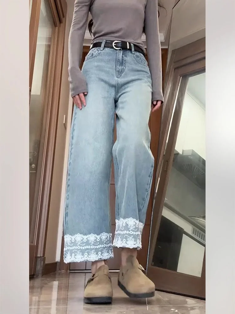 Pantalones vaqueros de pierna recta con empalme de encaje de talla grande para mujer, pantalones de pierna ancha adelgazantes de cintura alta, ropa de verano, tela vaquera resistente