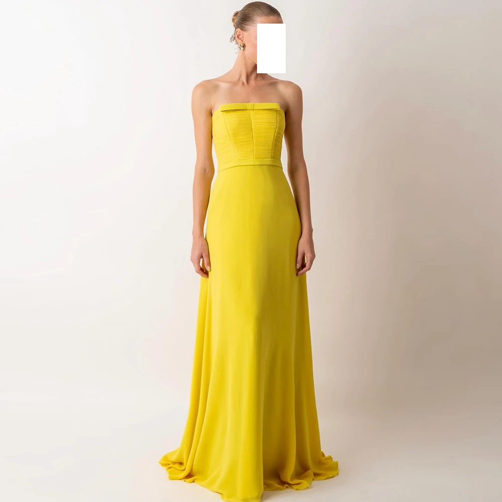 

Modern Straight Yellow Floor Length Evening Dress Classic Strapless Sleeveless Pleats Buttons Saudi Arabia Open Back Women