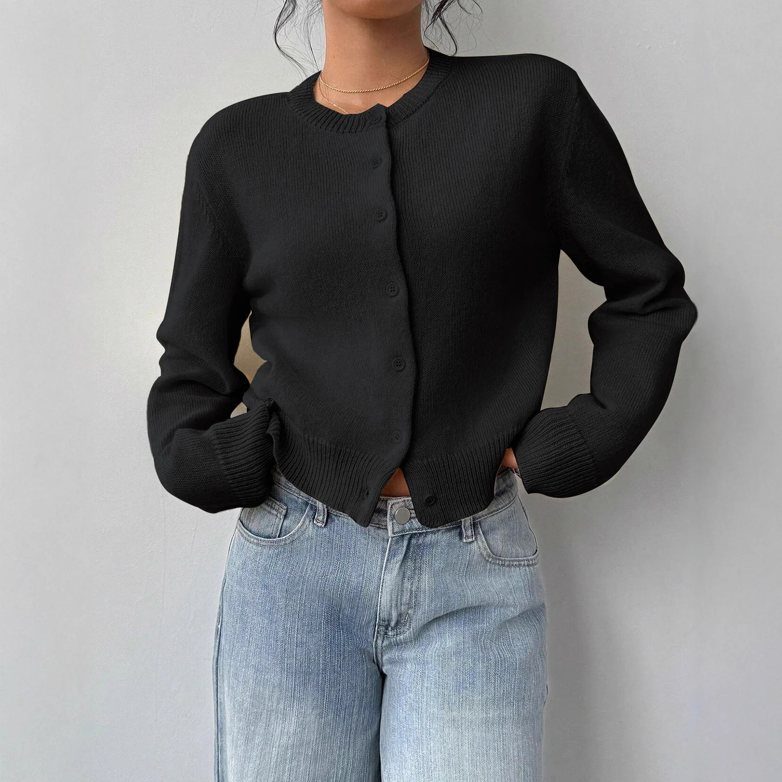 ファイオナブル レディース 薄手 丸首 ロング丈 ボタン付きセーター 通勤 スタイリッシュ コート 無地 その他素材 00%