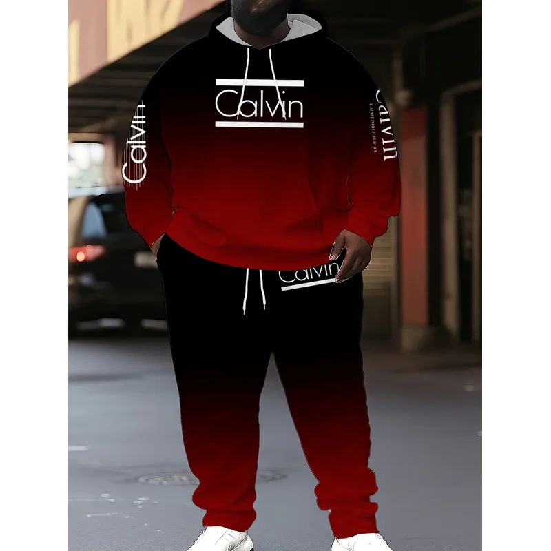 Fashion Men'S Plus Size Calvin Letter Print -Lined Hooded Sweatshirt Set