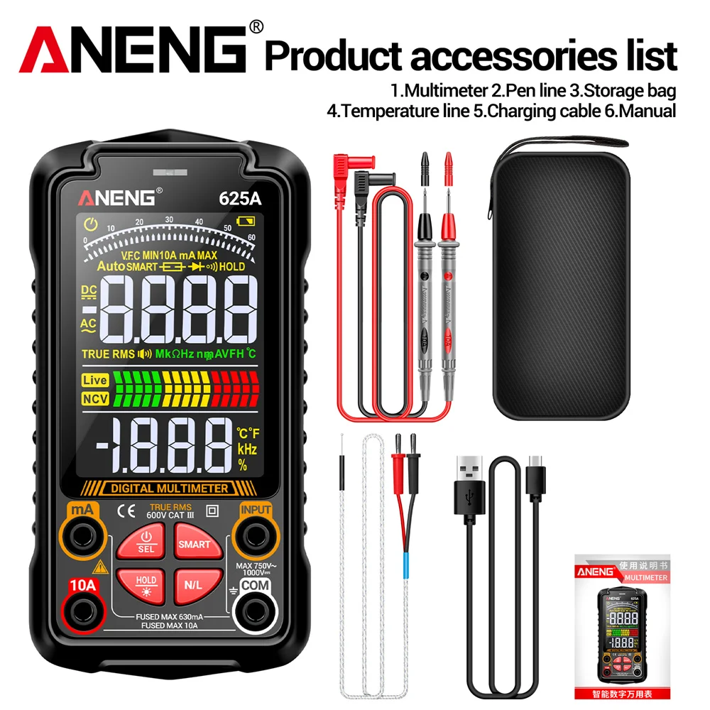 

625A Multimeters 1000V 10A Current/Voltage Multimetro VA Color Testers 60MOhm Display Meter USB Type-c Charge Tester Tool