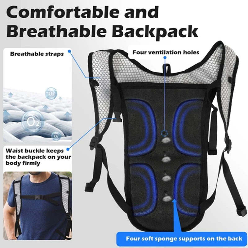 Mochila de hidratação com bexiga de água 2L, respirável, leve, esporte, caminhadas, corrida, ciclismo e raves