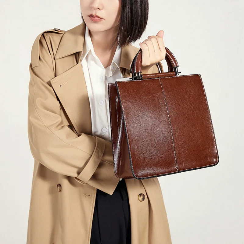 Durable Structured Satchel with Detachable Striped Crossbody Strap Vintage Brown Genuine Leather Tote Bag for Women