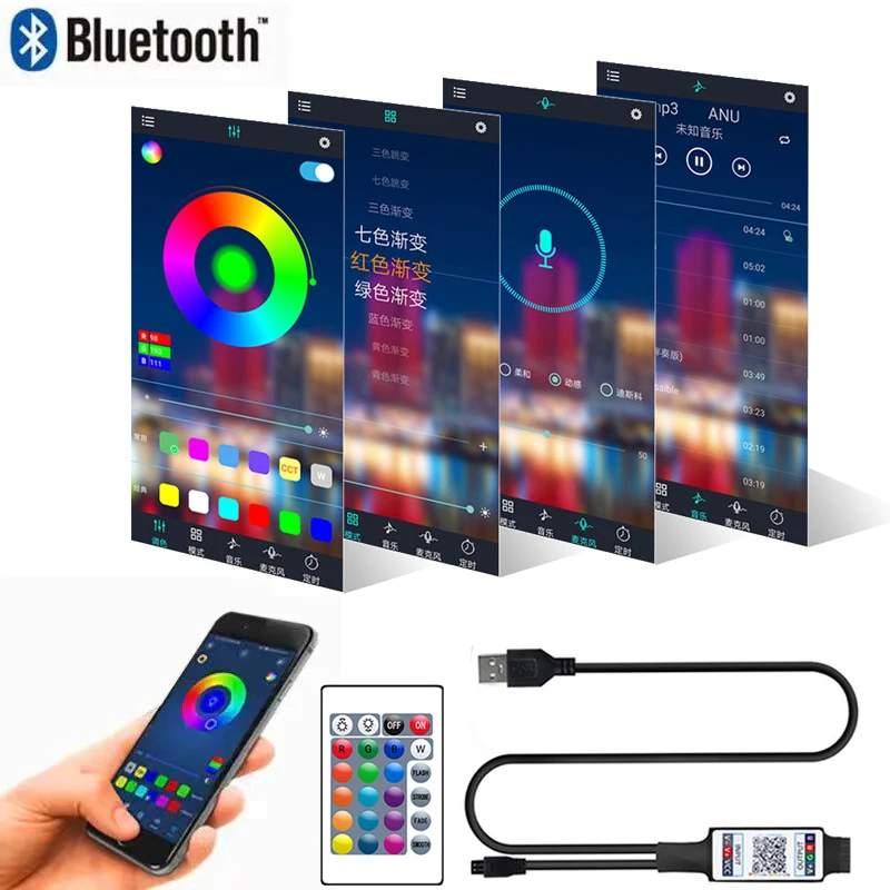 Dimmable RGB LED Lights Controller, Bluetooth, Controle Remoto Inteligente, USB, Strip Light, 24Key, 5V