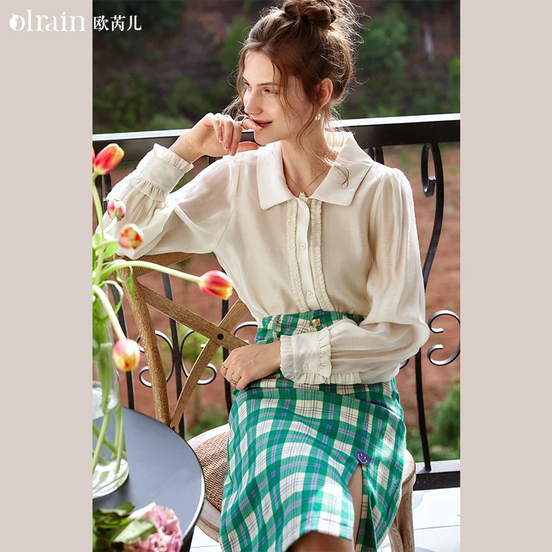 

OLrain Apricot Shirt Autumn 2025 Woman Elegant Lyocell Long Sleeve Shirts Pleats Button Lightweight Ladies Blouse O21QC52660