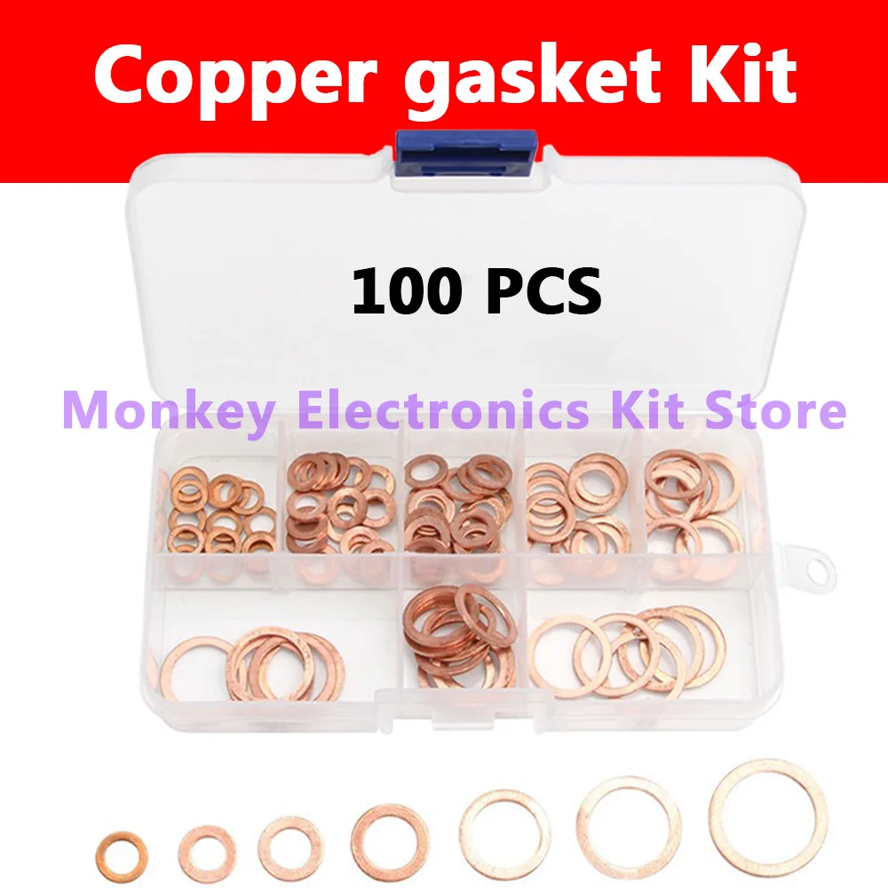 1 set da 100 pezzi di rondelle, rondelle, dadi e bulloni in rame con scatola M4/M5/M6/M8/M10/M12/M14 kit combinato di guarnizioni per tappi per coppa dell'olio