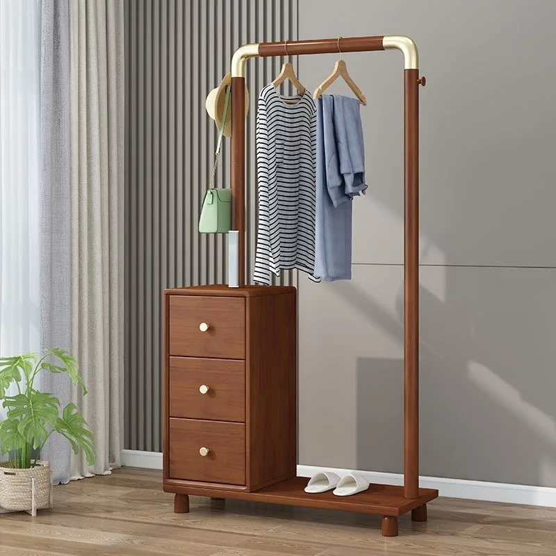 HYS Floor-to-ceiling vertical hanger Multifunctional simple coat rack Solid wood home Chinese bedroom storage simple integrated