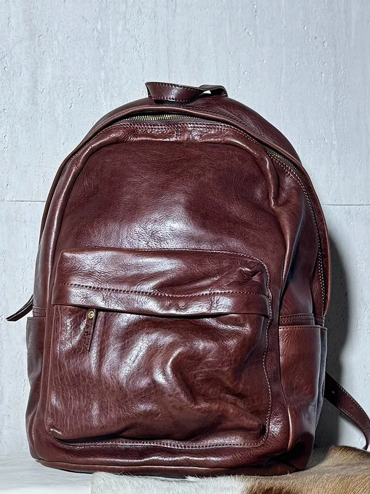 Simple luxury designer handmade genuine leather large capacity men's women's backpack outdoor travel cow leather laptop bagpack