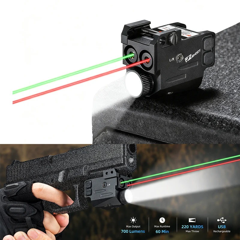 

EZshoot Red Green Laser Tactical Flashlight Light 700 Lumens Compact Compatible with Pistols Glock Picatinny Rail Rechargeable