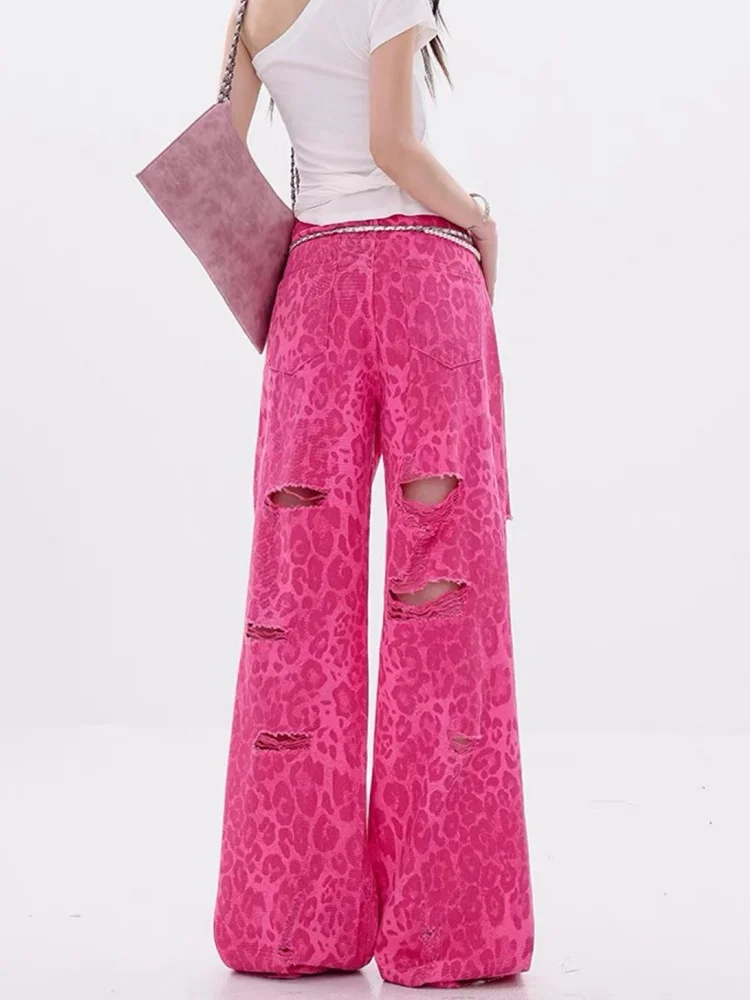 2026 Summer Y2K Style Pink Leopard Baggy Women's Ripped Jeans Pants For Woman Clothing Straight Cotton Long Trousers Ropa Mujer
