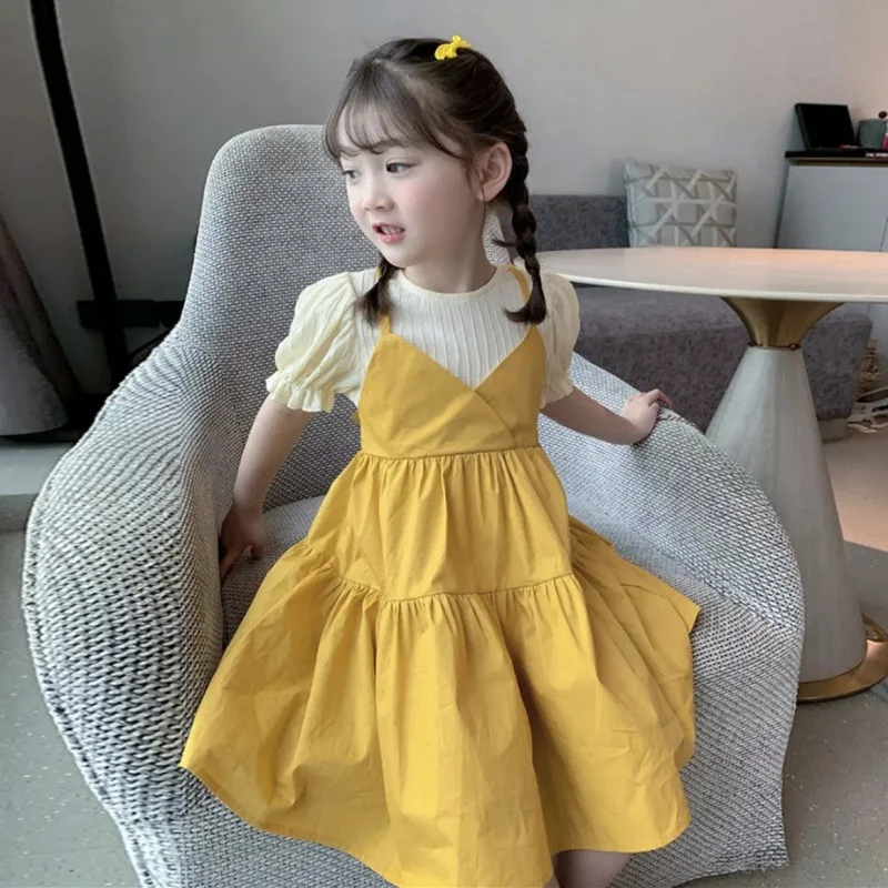 New Girls' Trendy Fake Two Pieces Solid Color Suspender Skirt Baby Summer Short Sleeve Princess Dress Tide63