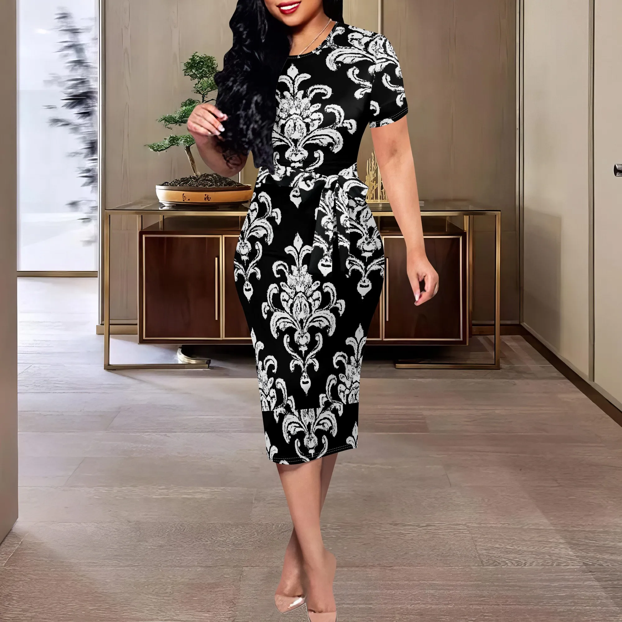 

Elegant Black White Damask Print Bodycon Dress XS-3XL – Classy Midi Style for Church, Cocktail or Evening Events
