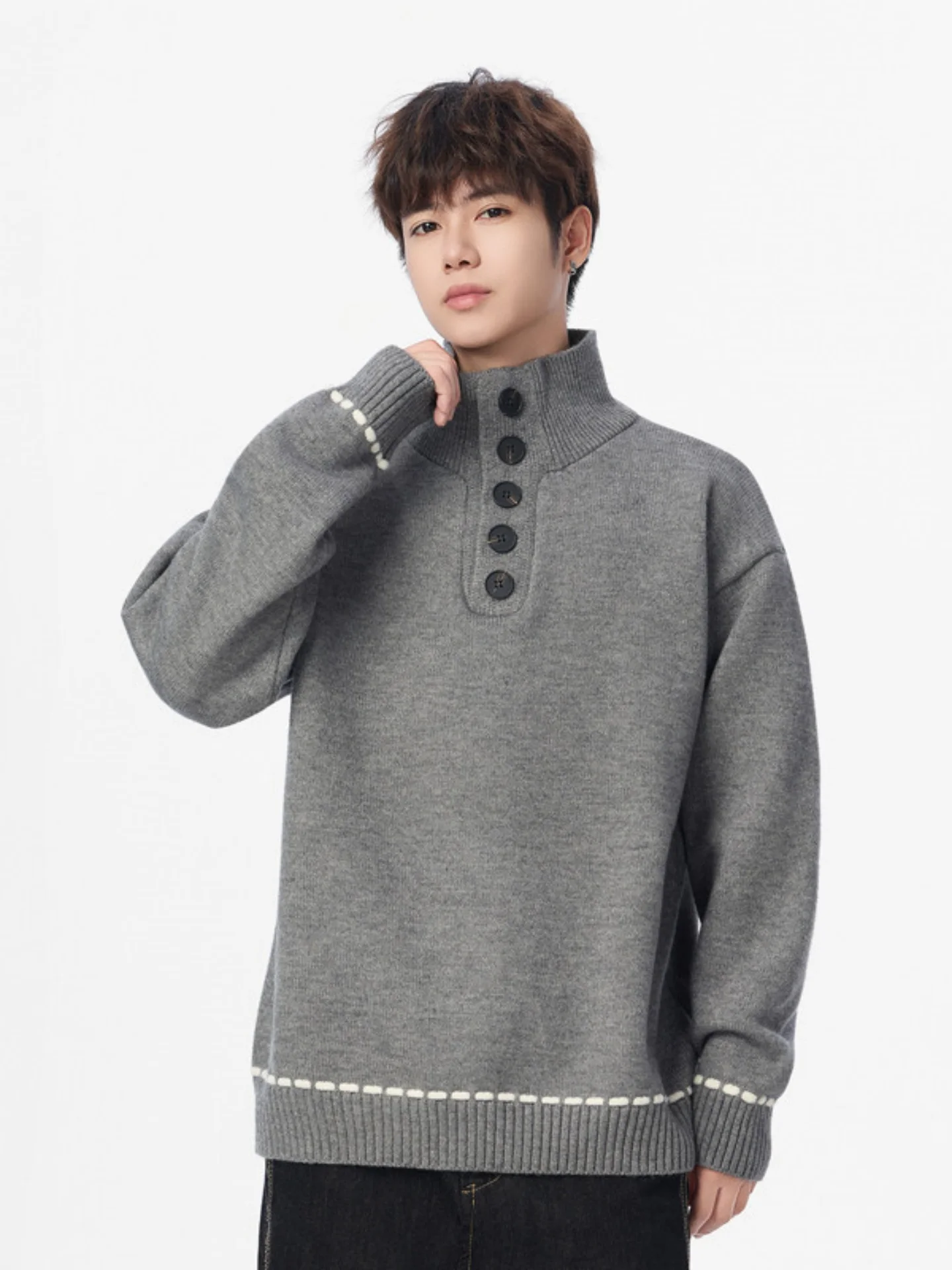 

Men's Knitted Sweater f High Collar Button Loose Base irt Pure Color Simple Inner Wear Autumn Lazy Sle Casual Loose Fit