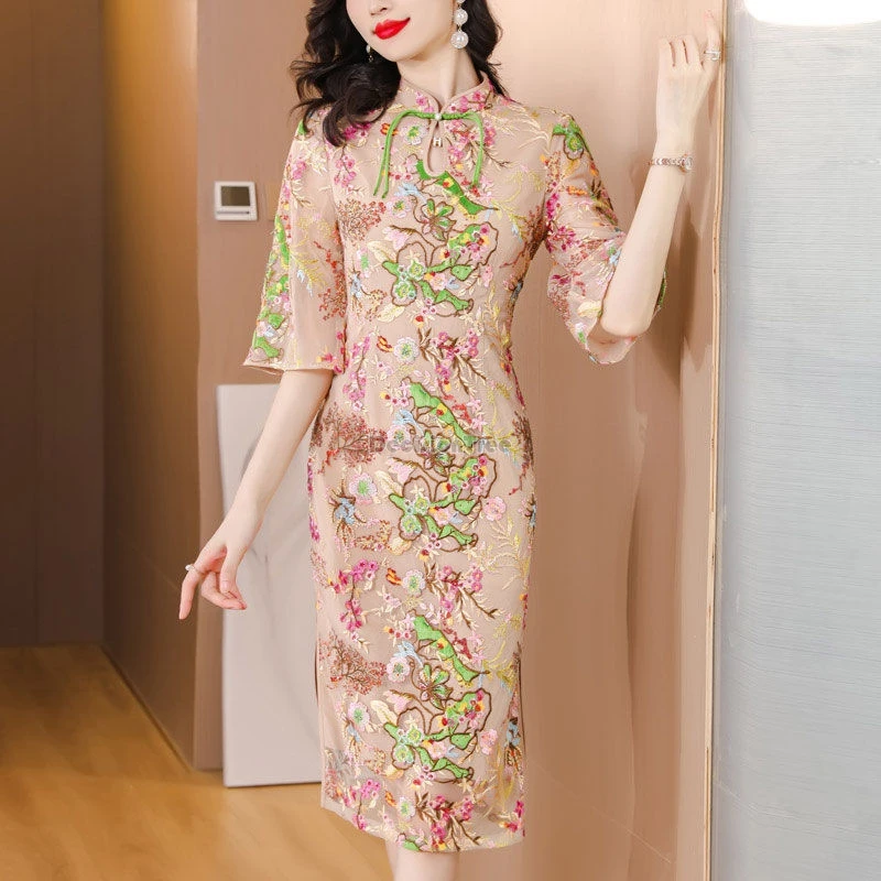 2025 new chinese improved elegant cheongsam woman summer national style gauze retro slimming embroidered half sleeve qipao dress