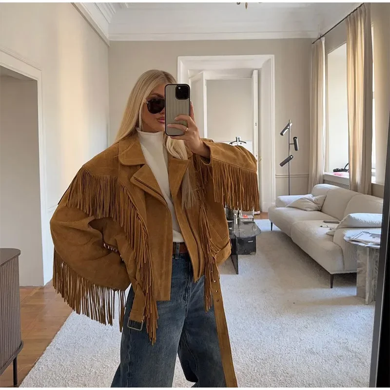 

Lapel Tassel Short Jacket For Women Fashion Solid Long Sleeves Design Zipper Loose Coat Casual Autumn New High Street Outerwears