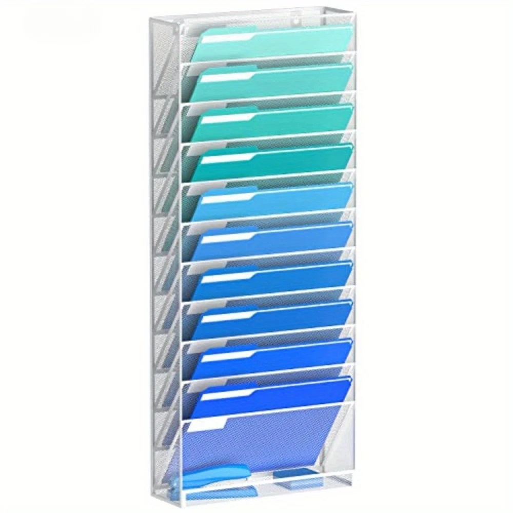12 Tier Mesh Metal Wall Mounted File Organizer, Magazine File Paper Holder, Office and Home Wall Mounted File Organizer