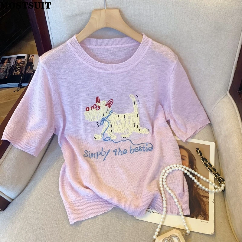 

Dog Embroidered Knit Sweater Tops Women 2025 Summer Short Sleeve O-neck Tees Pullovers Casual Fashion Korean Ladies Knitwear