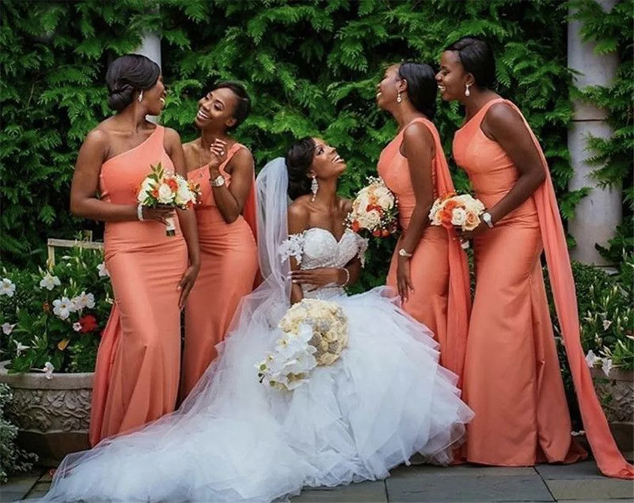 

Sexy Mermaid Orange Bridesmaid Dresses One-Shoulder Floor-Length Satin long Wedding Party Events