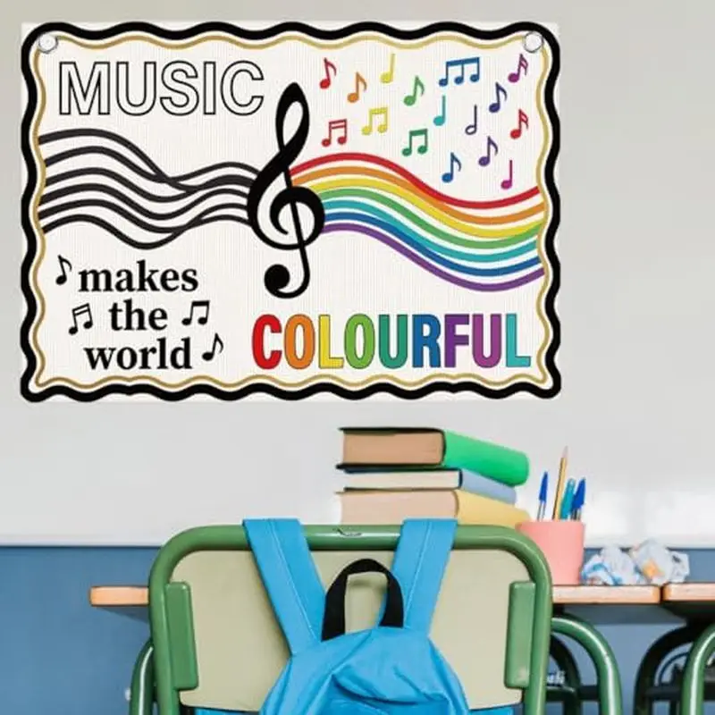 VIKAMA Music Makes World Colourful Quote Wall Tapestry Treble Clef Rainbow Note White Background Classroom Teacher Bedroom Soft