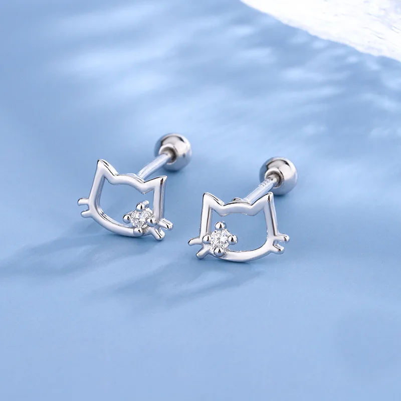 New 925 Sterling Silver Simple Cute Cat Screw Stud Earrings For Women Girls Party Earring Fine Jewelry Gifts