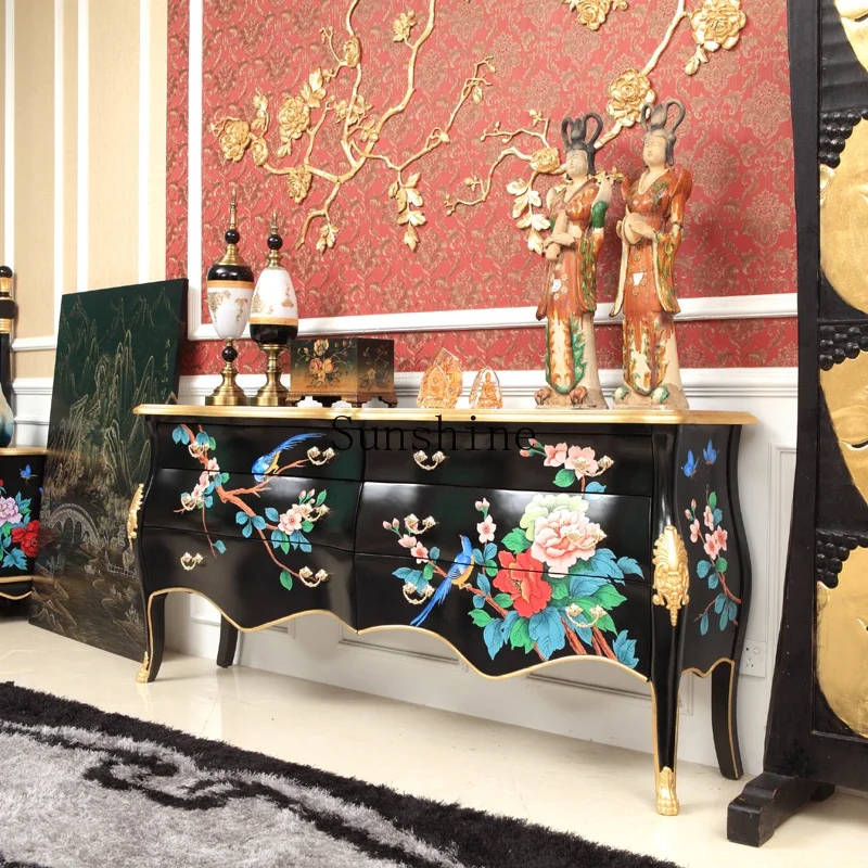 

Classical new Chinese style black painted peony high-end entry solid wood entrance foyer cabinet FT