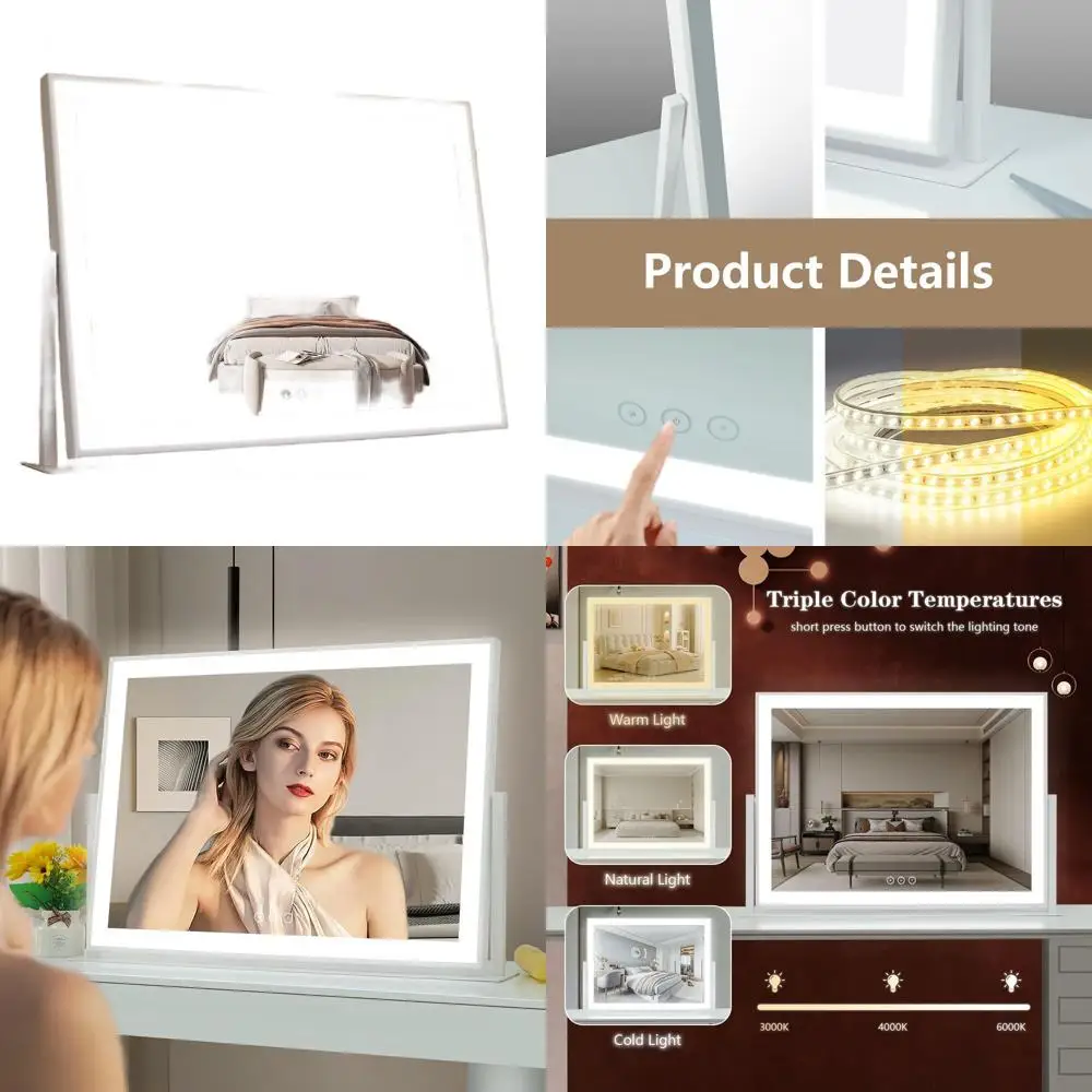 

Косметическое зеркало с подсветкой, большое 360° ° Вращающееся светодиодное зеркало для макияжа с 3 цветовыми режимами, белое, 22,8 x 18