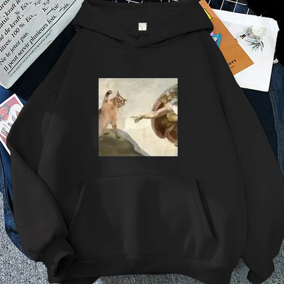 

Humorous Cat and Adam Creation Parody Graphic Men Woman Hoodie Winter Loose Casual Hip-hop Unisex Top Funny Harajuku Clothing